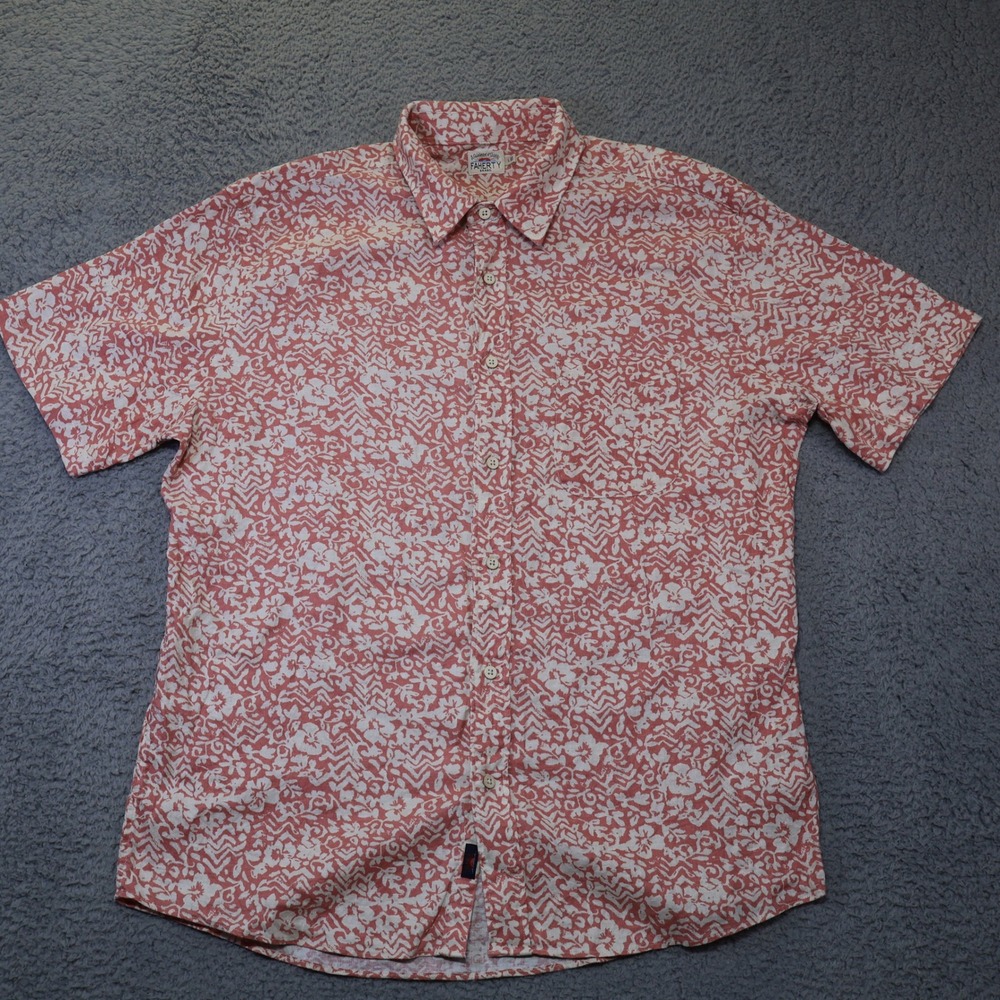 Faherty Brand Mens Large Short Sleeve Hemp Tencel Floral Hibiscus Shirt Coral